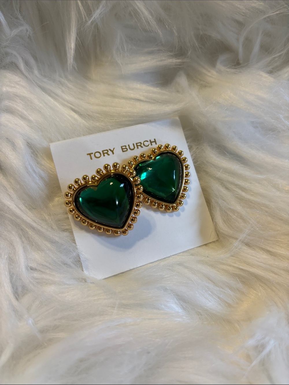 Tory Burch Vibrant Emerald Resin Heart Earrings with Gold-Tone Bead Accents
